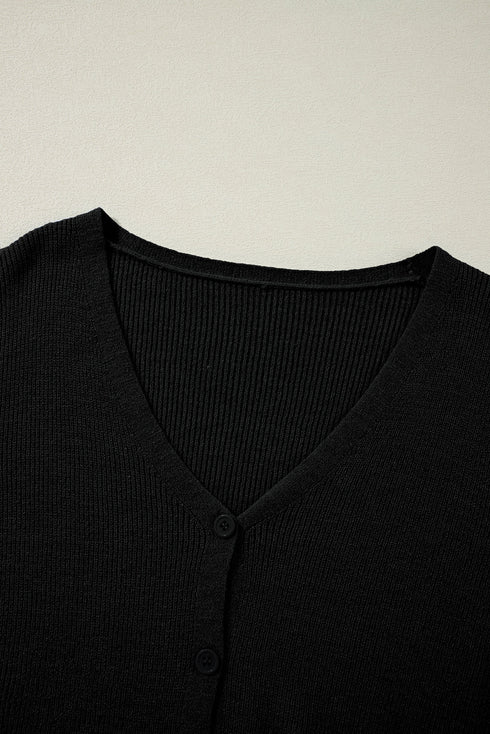 Lightweight Ribbed Knit Button Front V Neck Cardigan